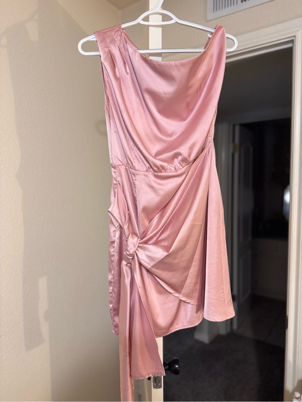 Blush Pink Satin Draped One-Shoulder Dress